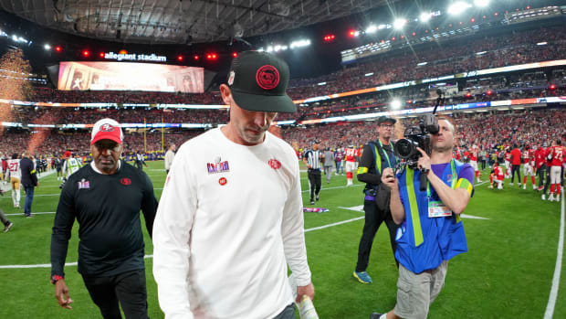Feb 11, 2024; Paradise, Nevada, USA; San Francisco 49ers head coach Kyle Shanahan walks off the field after losing Super Bowl LVIII to the Kansas City Chiefs at Allegiant Stadium. Mandatory Credit: Kirby Lee-USA TODAY Sports  