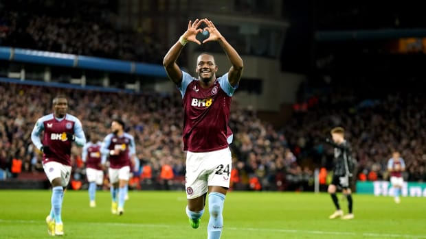 Jhon Duran pictured celebrating after scoring a goal for Aston Villa in a 4-0 win over Ajax in the UEFA Europa Conference League in March 2024