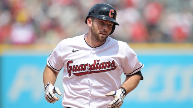 Jul 26, 2023; Cleveland, Ohio, USA; Cleveland Guardians catcher David Fry (12) rounds the bases after hitting a home run during the fourth inning against the Kansas City Royals at Progressive Field.