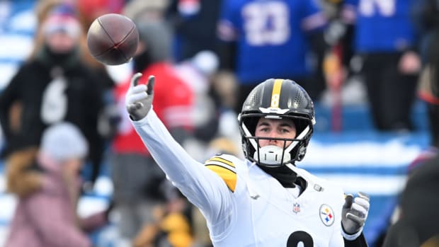 Jan 15, 2024; Orchard Park, New York, USA; Pittsburgh Steelers quarterback Kenny Pickett (8) warms up before the game against the Buffalo Bills in a 2024 AFC wild card game at Highmark Stadium.