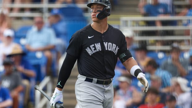 Mar 8, 2024; Dunedin, Florida, USA; New York Yankees center fielder Aaron Judge (99) reacts after striking out against the Toronto Blue Jays in the sixth inning at TD Ballpark.