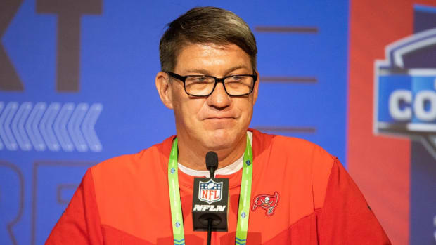 Mar 1, 2022; Indianapolis, IN, USA; Tampa Bay Buccaneers general manager Jason Licht talks to the media during the 2022 NFL Combine
