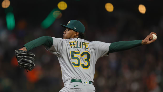 Jul 26, 2023; San Francisco, California, USA; Oakland Athletics relief pitcher Angel Felipe (53) during the game against the San Francisco Giants at Oracle Park.
