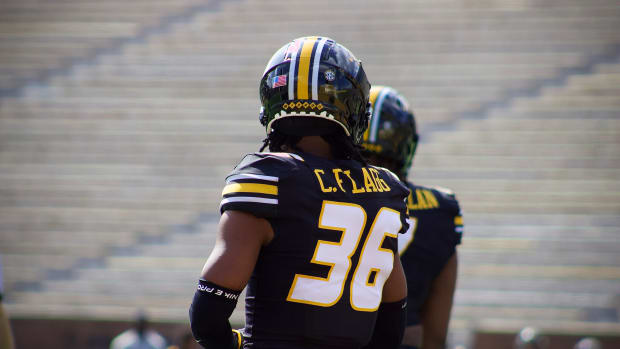 Mar 16, 2024; Columbia, MO, USA; Missouri Tigers safety Caleb Flagg faces the sideline prior to a play during Missouri's annual Black & Gold Spring Game at Faurot Field.