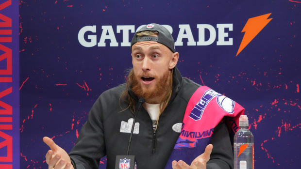 Feb 5, 2024; Las Vegas, NV, USA; San Francisco 49ers tight end George Kittle (85) during Super Bowl LVIII Opening Night at Allegiant Stadium. Mandatory Credit: Kirby Lee-USA TODAY Sports  