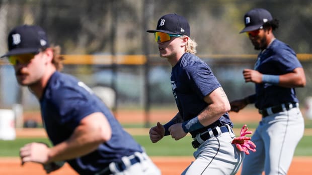 Detroit Tigers outfielder prospect Max Clark works out during spring training at TigerTown in Lakeland, Fla. on Thursday, Feb. 22, 2024.