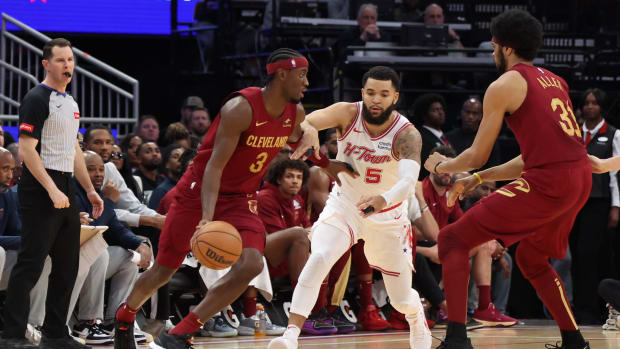 Mar 16, 2024; Houston, Texas, USA; Cleveland Cavaliers guard Caris LeVert (3) dribbles against Houston Rockets guard Fred VanVleet (5) in the second quarter at Toyota Center.