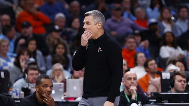 UVA head coach Tony Bennett reacts on the sidelines during the Virginia men's basketball game against NC State in the semifinals of the 2024 ACC Men's Basketball Tournament at Capital One Arena.