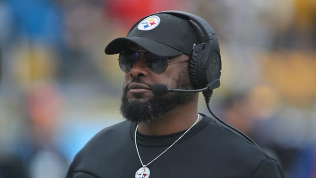 Pittsburgh Steelers head coach Mike Tomlin roams the sidelines during player introductions prior to the start of the game against the Jacksonville Jaguars at Acrisure Stadium in Pittsburgh, PA on October 29, 2023.  