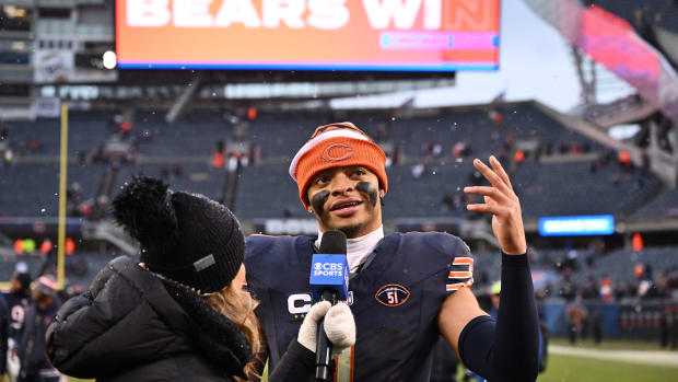 Justin Fields after a win over the Falcons. It was just one of 10 he had in 38 starts before the Bears traded him Saturday to Pittsburgh.