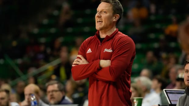 Dec 28, 2022; Waco, Texas, USA; Nicholls State Colonels head coach Austin Claunch reacts against the Baylor Bears during the first half at Ferrell Center. Mandatory Credit: Chris Jones-USA TODAY Sports  