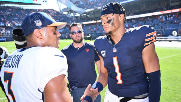 Wilson and Fields after the Broncos’ 31-28 win over the Bears on Oct. 1, 2023.