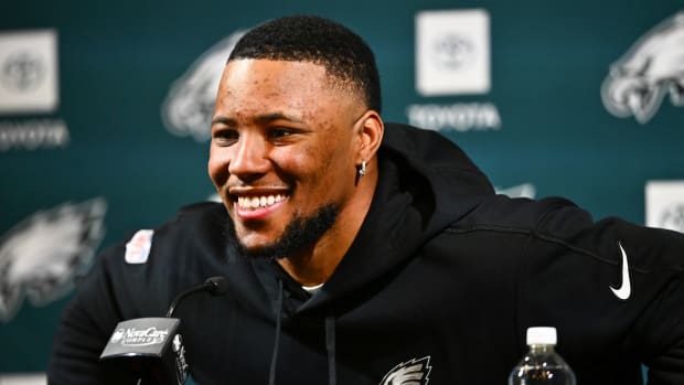 Mar 14, 2024; Philadelphia, PA, USA; Philadelphia Eagles running back Saquon Barkley speaks during a press conference after signing with the team.