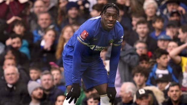 Chelsea defender Axel Disasi pictured moments after he scored an own goal against Leicester City in an FA Cup quarter-final in March 2024