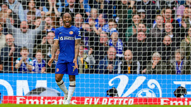 Raheem Sterling pictured after missing a penalty kick for Chelsea during a 4-2 win over Leicester City in an FA Cup quarter-final in March 2024