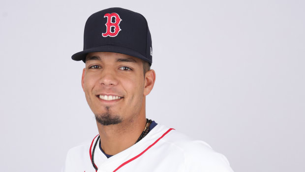 Feb 20, 2024; Lee County, FL, USA; Boston Red Sox shortstop Vaughn Grissom (5) poses for a photo during media day at JetBlue Park.