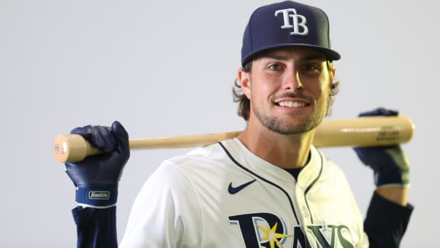 Feb 18, 2024; Port Charlotte, FL, USA; Tampa Bay Rays right fielder Josh Lowe (15) poses for a photo during media day at the Charlotte Sports Complex.