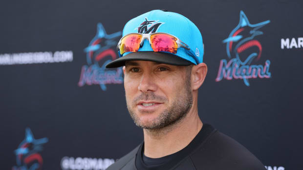 Feb 17, 2024; Jupiter, FL, USA; Miami Marlins manager Skip Schumaker (55) talks to reporters during a spring training workout at the Marlins Player Development & Scouting Complex. Mandatory Credit: Sam Navarro-USA TODAY Sports  