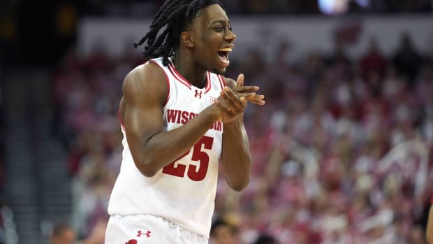Mar 7, 2024; Madison, Wisconsin, USA; Wisconsin Badgers guard John Blackwell (25) reacts to causing a turnover against the Rutgers Scarlet Knights during the second half at the Kohl Center. 