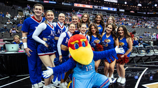 KANSAS CITY, MO - March 9, 2024 - Spirit Squad during Round 3 of Phillips 66 Big 12 Women's Championship between the Kansas Jayhawks and the BYU Cougars. Photo by Angilo Allen/Kansas Athletics