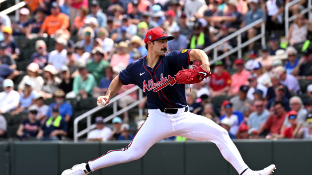 Mar 5, 2024; North Port, Florida, USA; Atlanta Braves pitcher Spencer Strider (99) throws a pitch in the first inning of the spring training game against the Detroit Tigers at CoolToday Park.