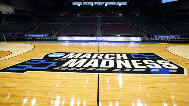 General view of the March Madness logo at UD Arena.