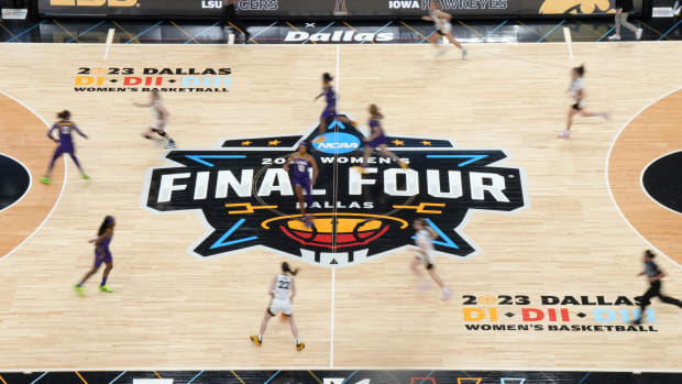 A general overall view of the NCAA Womens Basketball Final Four National Championship logo at center court at American Airlines Center.