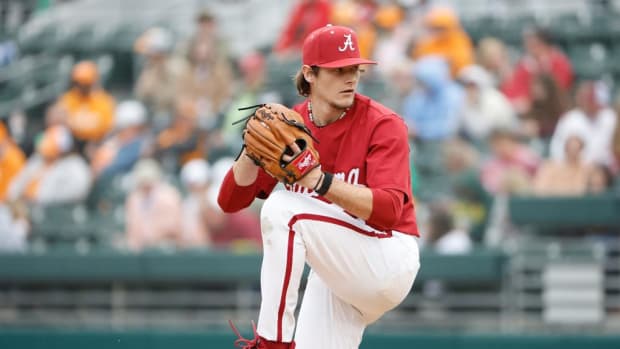 Alabama's Aidan Moza (23) pitches against Tennessee on March 17, 2024.