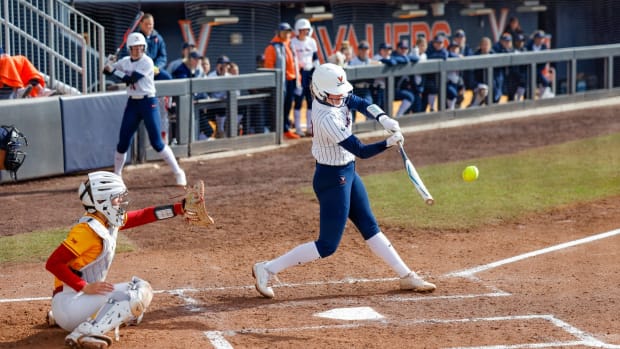 Jade Hylton swings at a pitch during the Virginia softball game against Iowa State at Palmer Park.