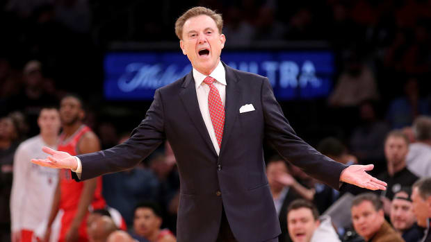 St. John’s men’s basketball coach Rick Pitino reacts during his teams game against Seton Hall in the Big East tournament on March 14, 2024.