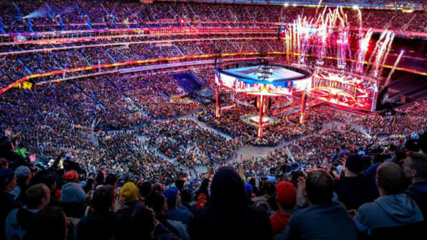Pyro for WWE WrestleMania at a stadium.