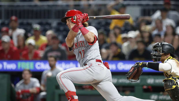 Aug 13, 2023; Pittsburgh, PA, USA; Cincinnati Reds left fielder Stuart Fairchild (17) hits against the Pittsburgh Pirates during the tenth inning at PNC Park. The Reds won 6-5 in ten innings. Mandatory Credit: Charles LeClaire-USA TODAY Sports 