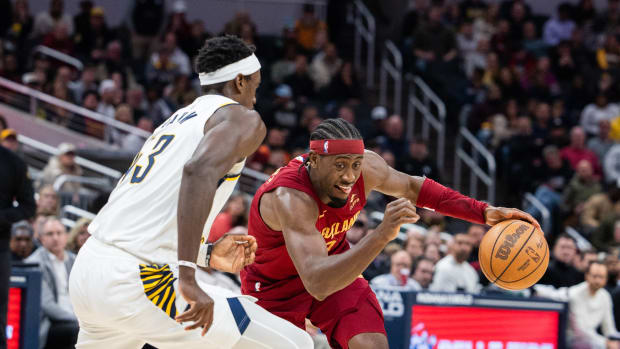 Mar 18, 2024; Indianapolis, Indiana, USA; Cleveland Cavaliers guard Caris LeVert (3) dribbles the ball while Indiana Pacers forward Pascal Siakam (43) defends in the second half at Gainbridge Fieldhouse.