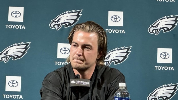 Kenny Pickett at his introductory press conference after being traded from the Steelers to the Eagles on March 15, 2024