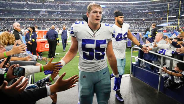 Dallas Cowboys linebacker Leighton Vander Esch (55) leaves the field following a game against the Houston Texans at AT&T Stadium.