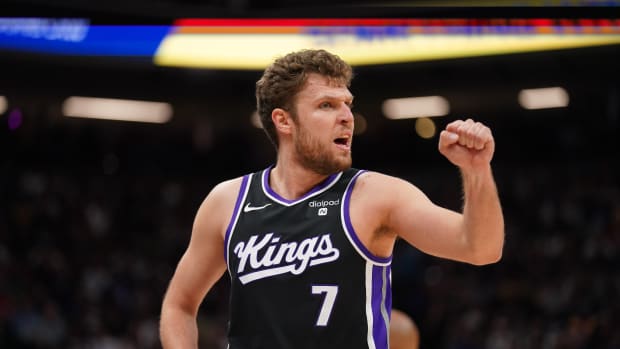 Oct 29, 2023; Sacramento, California, USA; Sacramento Kings forward Sasha Vezenkov (7) pumps his fist after the Kings maintained possession of the ball against the Los Angeles Lakers in the third quarter at the Golden 1 Center. Mandatory Credit: Cary Edmondson-USA TODAY Sports
