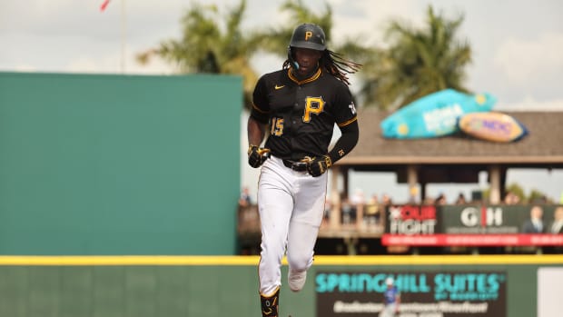 Mar 5, 2024; Bradenton, Florida, USA; Pittsburgh Pirates shortstop Oneil Cruz (15) runs around the bases after he hit a home run during the fifth inning against the Toronto Blue Jays at LECOM Park.