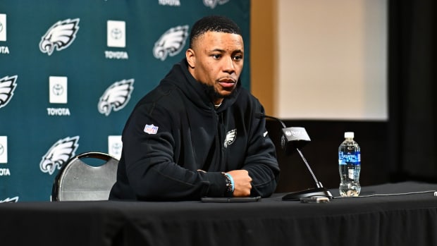 Philadelphia Eagles running back Saquon Barkley speaks during a press conference after signing with the Eagles.