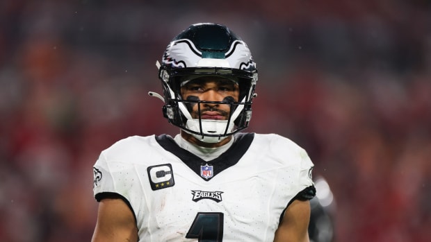 Jan 15, 2024; Tampa, Florida, USA; Philadelphia Eagles quarterback Jalen Hurts (1) looks on during the first half of a 2024 NFC wild card game against the Tampa Bay Buccaneers at Raymond James Stadium.