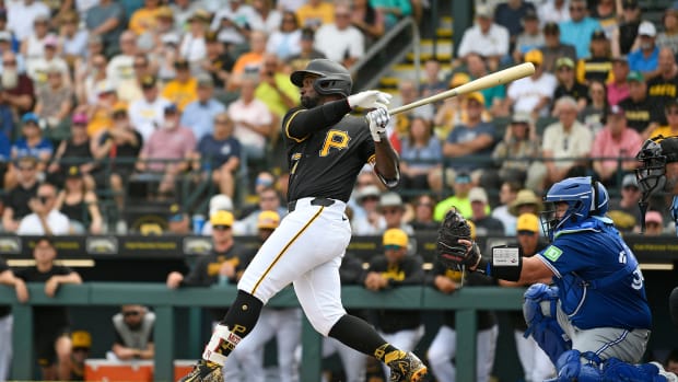 Pirates' Andrew McCutchen (#22) at bat. Pittsburgh Pirates with a dramatic 6-5 win over the Toronto Blue Jays on Tuesday March, 5, 2024, with an official attendance of 5,322 at LECOM Park formerly known as McKechnie Field located in Bradenton, Florida.  