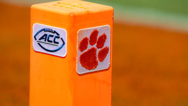 Sep 6, 2014; Clemson, SC, USA; General view of a pylon with the ACC logo during the second half of the game against the Clemson Tigers and the South Carolina State Bulldogs at Clemson Memorial Stadium. Tigers won 73-7. Mandatory Credit: Joshua S. Kelly-USA TODAY Sports