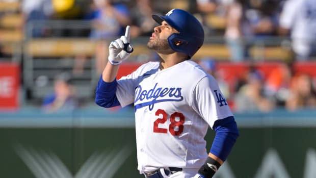 Sep 24, 2023; Los Angeles, California, USA; Los Angeles Dodgers designated hitter J.D. Martinez (28) on second after a double in the second inning against the San Francisco Giants at Dodger Stadium. Mandatory Credit: Jayne Kamin-Oncea-USA TODAY Sports