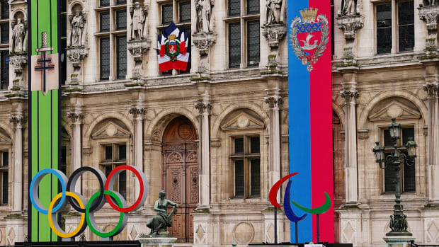 Paris, FRANCE; the Olympic rings and Paralympic logo are on display outside of the Hotel de Ville ahead of the Paris 2024 Summer Olympic Games.