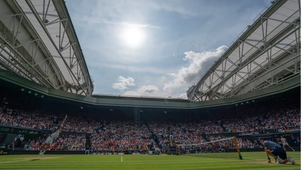 General view of Centre Court at Wimbledon during the Carlos Alcaraz and Novak Djokovic men’s singles final.