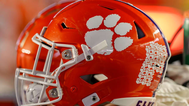 The logo of the Clemson Tigers is seen on a football helmet during the second half of the game between the Boston College Eagles and the Clemson Tigers at Alumni Stadium.