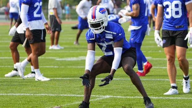 Jul 26, 2023; Rochester, NY, USA; Buffalo Bills cornerback Tre'Davious White (27) participates in drills on the field during training camp at St. John Fisher College.