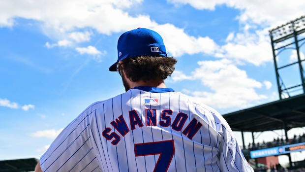 Feb 27, 2024; Mesa, Arizona, USA; Chicago Cubs shortstop Dansby Swanson (7) looks on prior to a spring training game against the Cincinnati Reds at Sloan Park. Mandatory Credit: Matt Kartozian-USA TODAY Sports