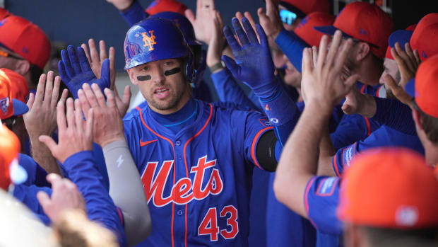 Feb 26, 2024; West Palm Beach, Florida, USA; New York Mets left fielder Trayce Thompson (43) is congratulated by teammates after hitting a grand slam against the Washington Nationals in the third inning at CACTI Park of the Palm Beaches. Mandatory Credit: Jim Rassol-USA TODAY Sports