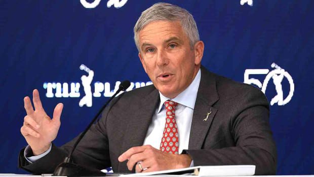 Jay Monahan, the commissioner of the PGA Tour speaks to the media during his media conference prior to the 2024 Players Championship in Ponte Vedra Beach, Fla.