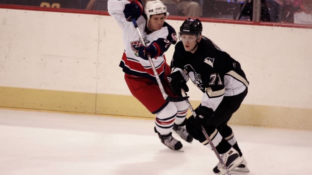 Penguins forward Konstantin Koltsov handles the puck in a game vs. the Columbus Blue Jackets.